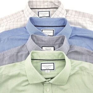 Lot of 4 Charles Tyrwhitt Slim Fit Non-Iron Dress Shirts 18/37 Blue Green Grey